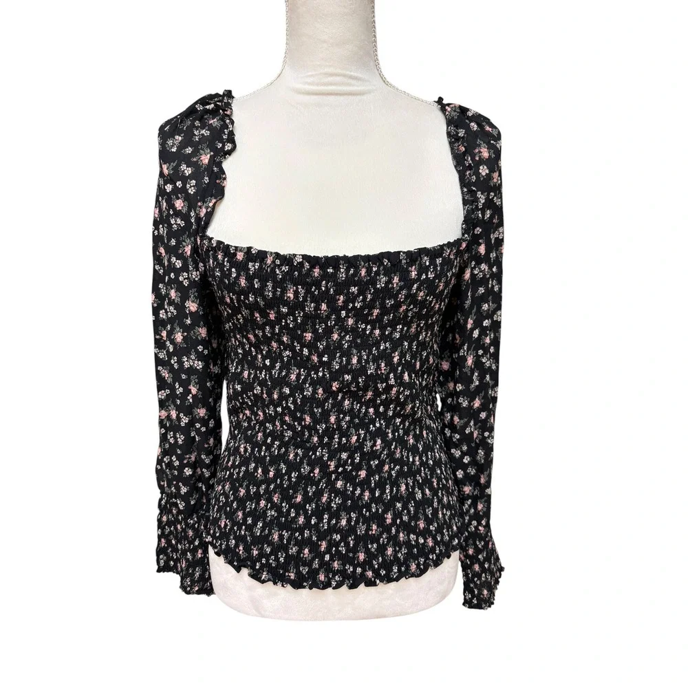 Reformation Pinto Black Freesia Smocked Floral Dark Romantic Whimsygoth Top - 1x